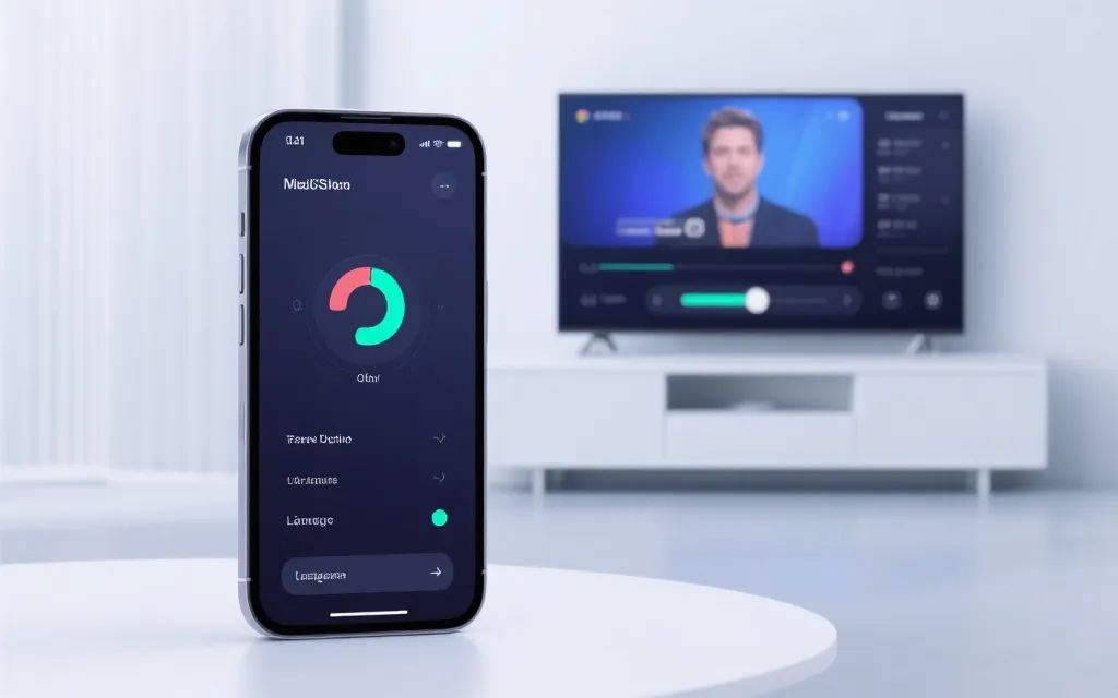 手机与电视同屏的直播设置界面示意，包括清晰度与语言切换